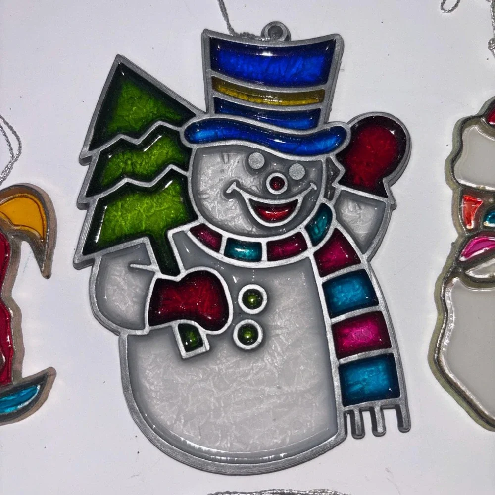 Vtg Christmas Metal Stained Glass Suncatcher Lot 6 Santa Snowman Rocking Horse